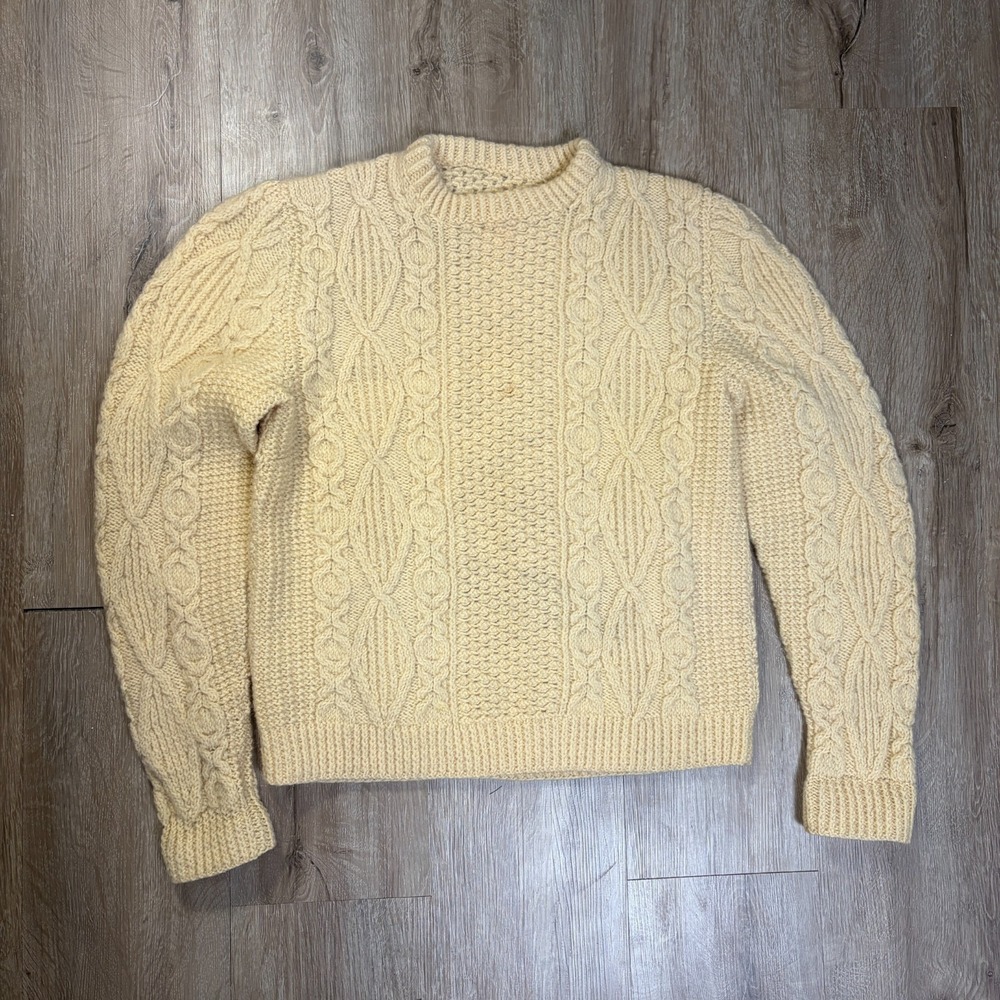 Fishermans Sweater Wool Beige Cream Cable Knit Mens Small Pullover